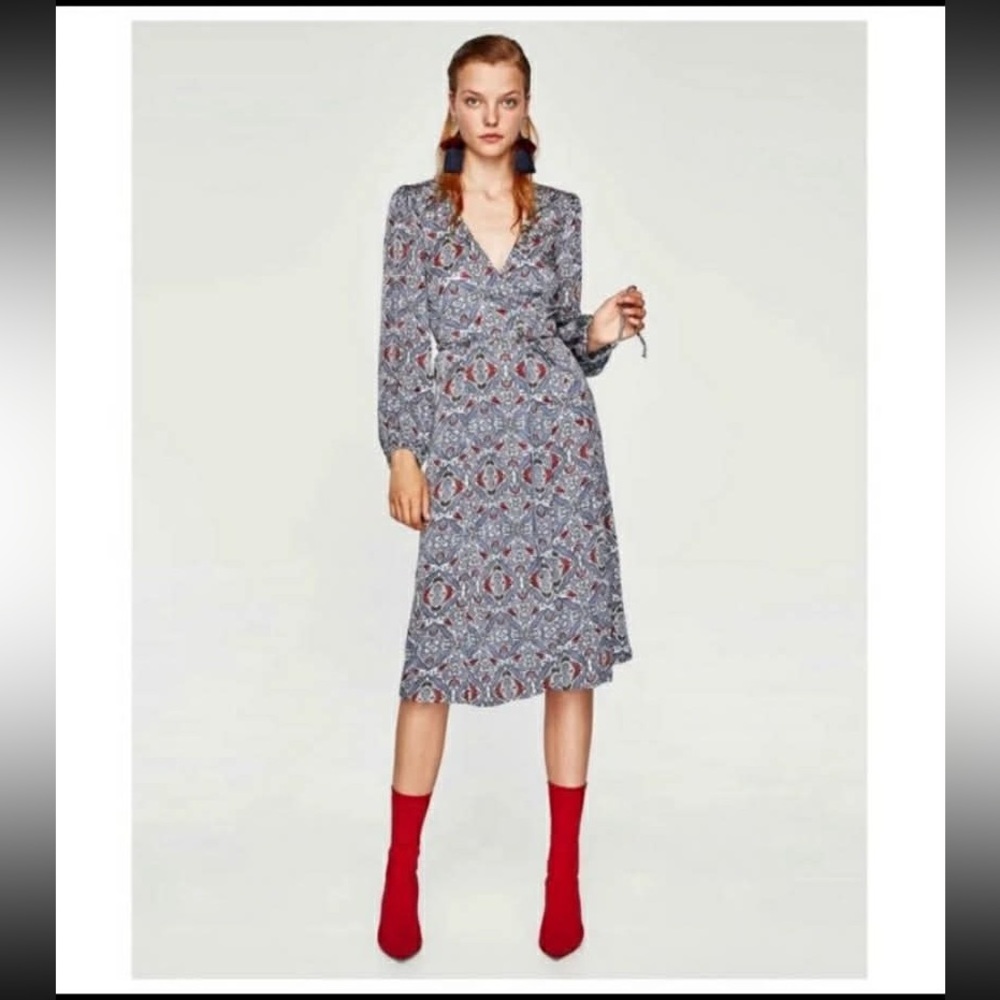 Zara Blue and Red Patterned Midi Dress